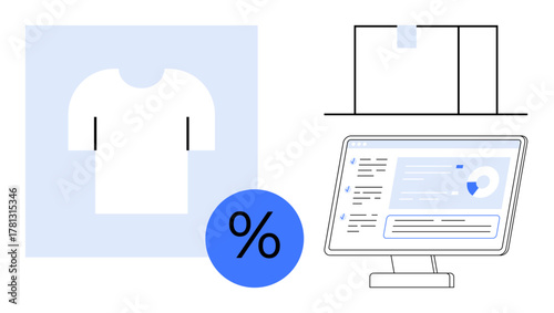 White T-shirt with discount percentage badge, shipping box, and analytics on a computer screen. Ideal for e-commerce, retail, analytics, marketing, sales, logistics and online shopping themes