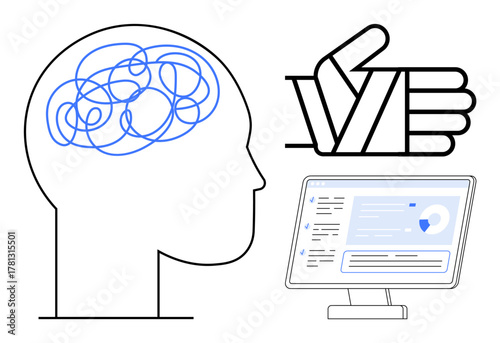 Tangled brainlines representing problems, accompanied by a thumbs-up gesture and an organized digital interface on a monitor. Ideal for problem-solving, productivity, mental clarity, cognitive