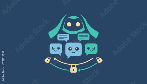 An illustration of a secure online chat featuring cartoon avatars communicating safely under the watchful eye of a digital guardian.