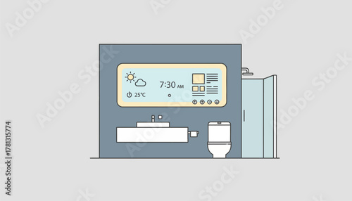 A bathroom featuring a smart mirror that displays the weather time and news while providing lighting adjustments.