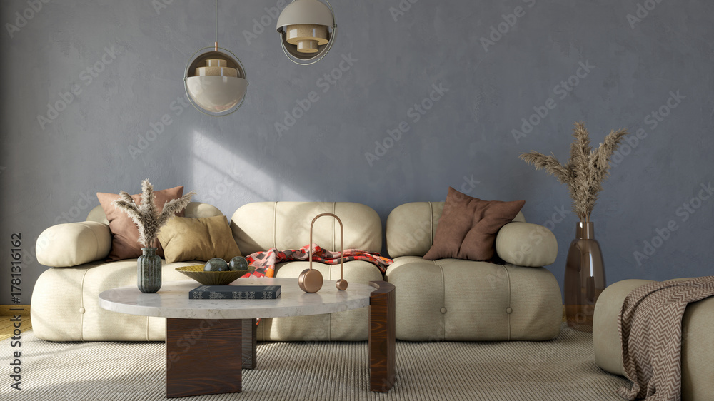 Naklejka premium Large luxury modern bright interiors Living room mockup illustration 3D rendering image