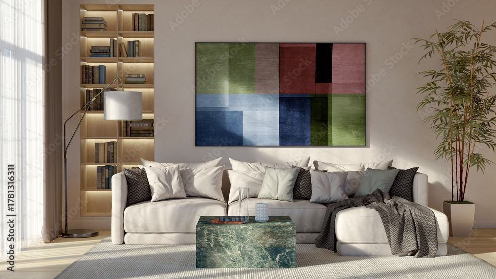 Naklejka premium Large luxury modern bright interiors Living room mockup illustration 3D rendering image