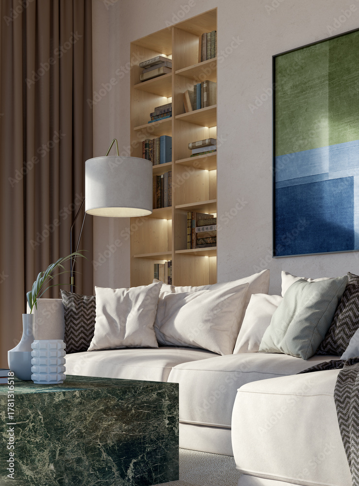 Naklejka premium Large luxury modern bright interiors Living room mockup illustration 3D rendering image