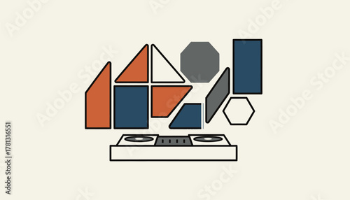 A unique view of acoustic treatment panels mounted on a wall behind a DJ booth enhancing sound quality in a studio setting.