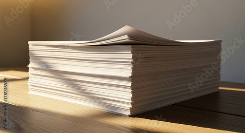 A large stack of pristine, unbound pages rests on a wooden surface, their edges subtly illuminated by natural light, evoking a sense of anticipation and untapped potential.