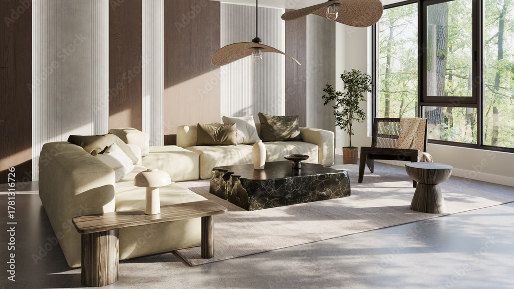 Naklejka premium Large luxury modern bright interiors Living room mockup illustration 3D rendering image