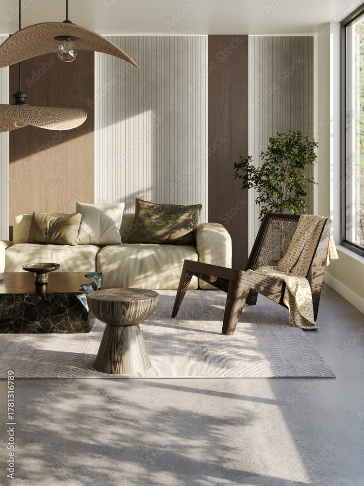 Fototapeta premium Large luxury modern bright interiors Living room mockup illustration 3D rendering image