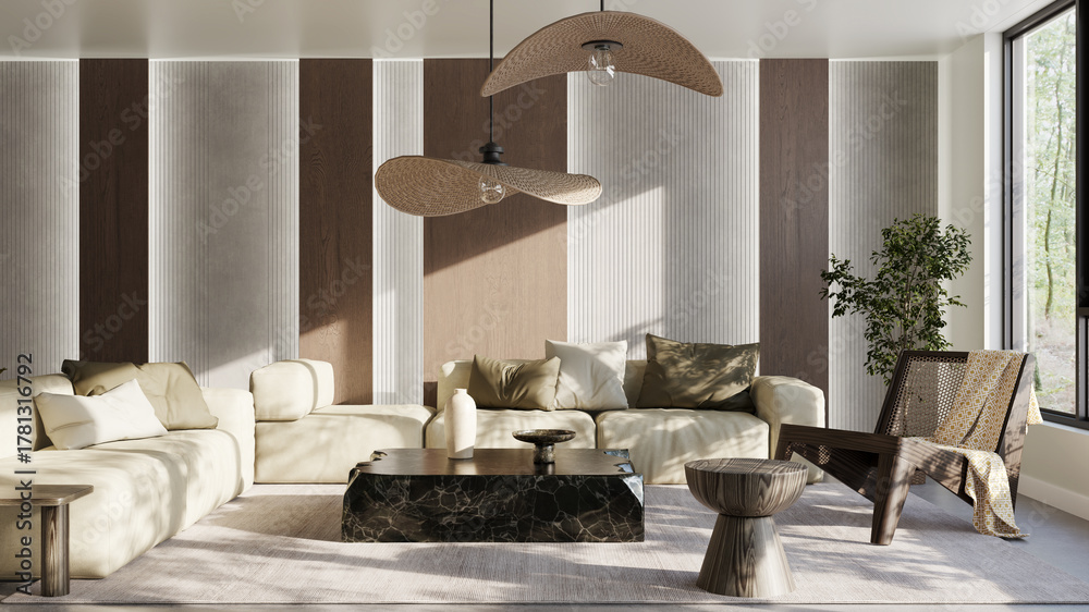 Naklejka premium Large luxury modern bright interiors Living room mockup illustration 3D rendering image