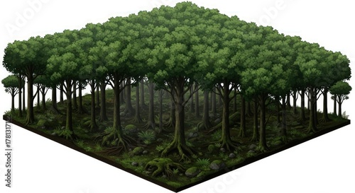 Fototapeta Naklejka Na Ścianę i Meble -  Isometric View of a Dense Banyan Tree Forest Canopy.