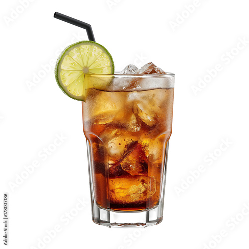 Refreshing Cold Beverage With Ice and Lime Served in a Clear Glass.