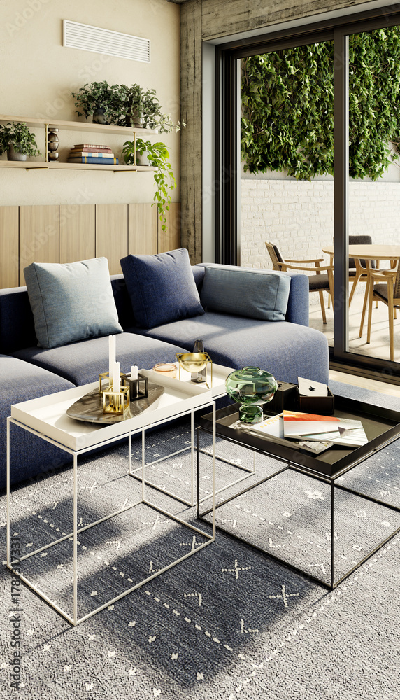 Fototapeta premium Large luxury modern bright interiors Living room mockup illustration 3D rendering image