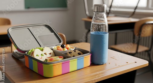 A vibrant school lunch box, brimming with an array of healthy snacks and treats, sits atop a weathered desk in an empty classroom, capturing a nostalgic sense of school days.