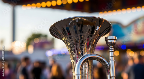 A tuba gleams under the warm glow of the evening lights, its polished surface reflecting the bustling carnival atmosphere and blurred figures.