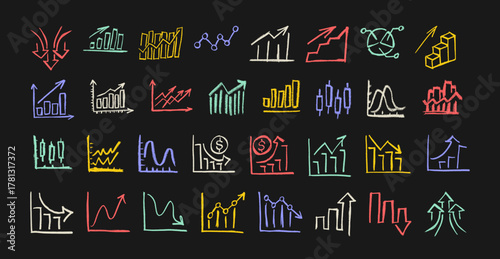 Charts Growth Decline On Blackboard Crayon Chalk Drawing Doodle Vector Set