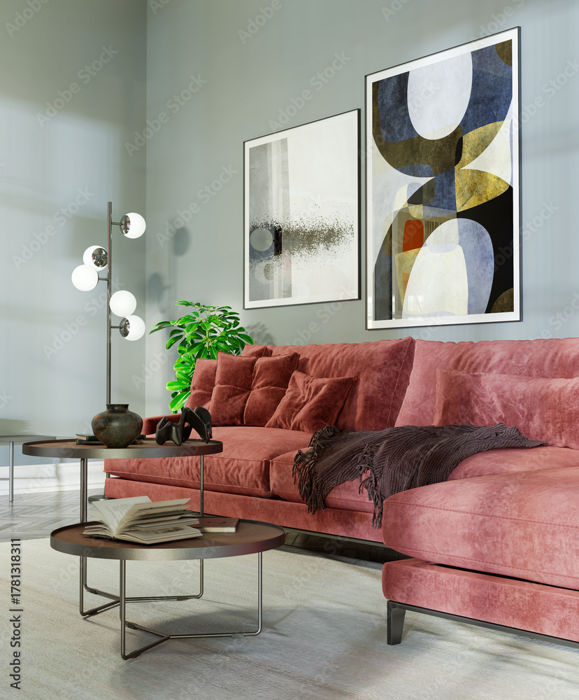 Naklejka premium Large luxury modern bright interiors Living room mockup illustration 3D rendering image