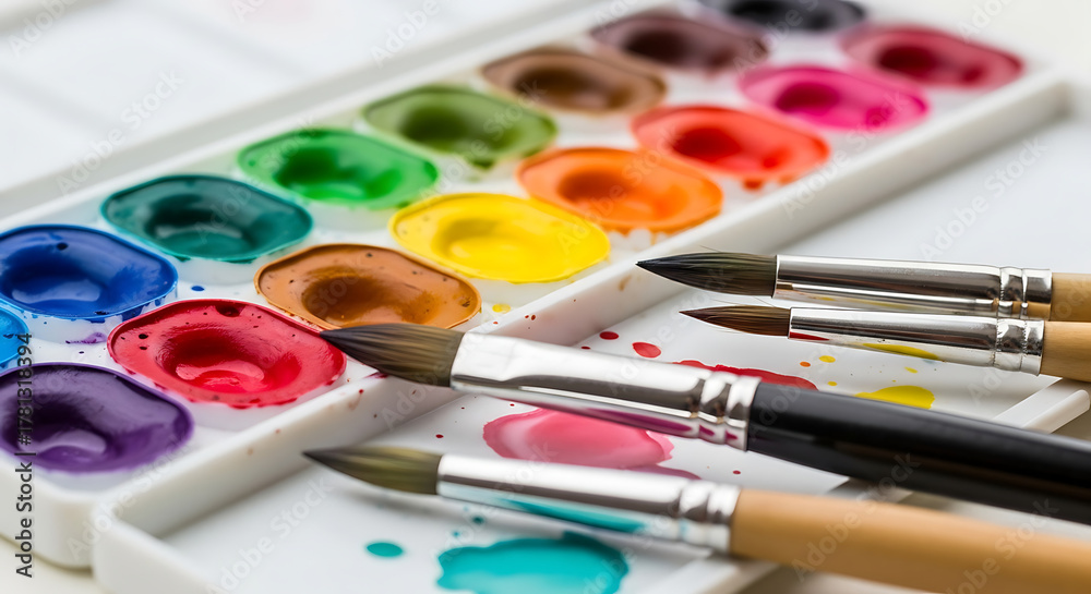 Obraz premium A vibrant array of watercolor paints and paintbrushes, capturing the essence of artistic creativity.