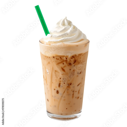 Iced Coffee Drink Topped With Whipped Cream and a Green Straw Served in a Cle...