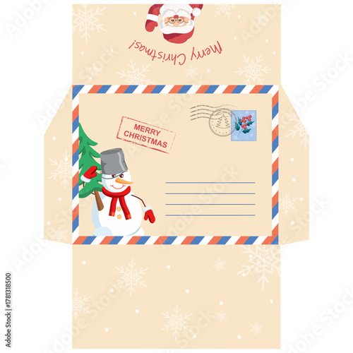 Printable envelope for Santa Claus. Template with soft beige background decorated with snowman, stamp, snowflakes, copy space. Merry Christmas. Vector illustration.