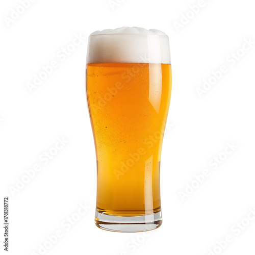 Crisp Golden Beer in a Tall Glass With Foamy Top on a Plain Background.