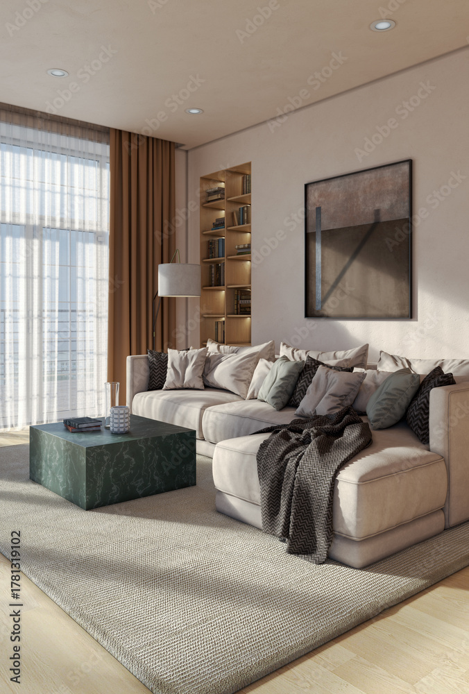 Naklejka premium Large luxury modern bright interiors Living room mockup illustration 3D rendering image