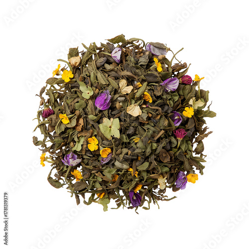 Blended Herbal Tea With Dried Flowers and Leaves Arranged in a Circular Patte...