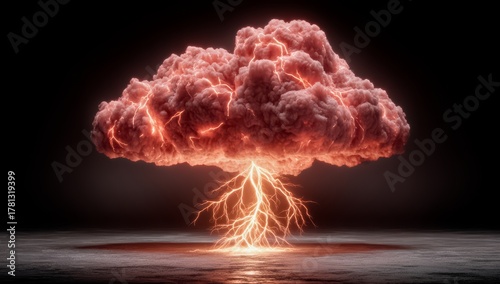 Red cloud with lightning bolts shooting out of it. Scene is intense and dramatic