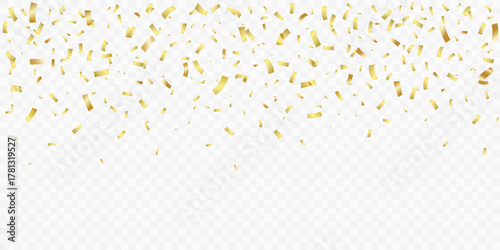 Festive background with falling golden rectangle confetti pieces on a transparent backdrop. Creates a decorative frame for event, holiday, party, and luxury banner design