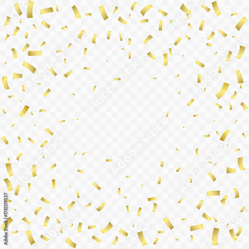 Festive background with falling golden rectangle confetti pieces on a transparent backdrop. Creates a decorative frame for event, holiday, party, and luxury banner design