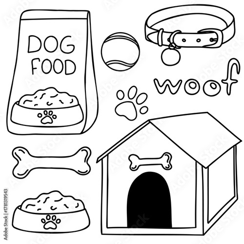 Hand drawn vector doodle set with different items and accessories for dogs and pets