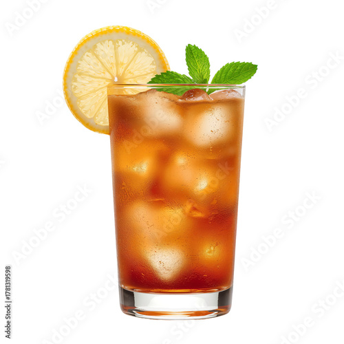 Refreshing Iced Tea With Lemon and Mint in a Tall Glass on a Bright Day.
