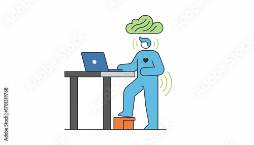 An illustration of a person utilizing a standing desk highlighting the benefits of physical movement throughout the workday.