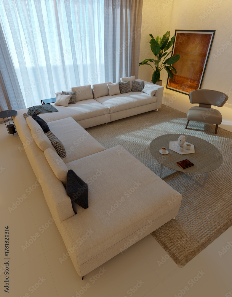 Naklejka premium Large luxury modern bright interiors Living room mockup illustration 3D rendering image