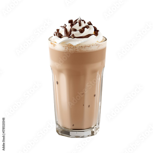 Cold Beverage With Whipped Cream and Chocolate Topping Served in a Tall Glass