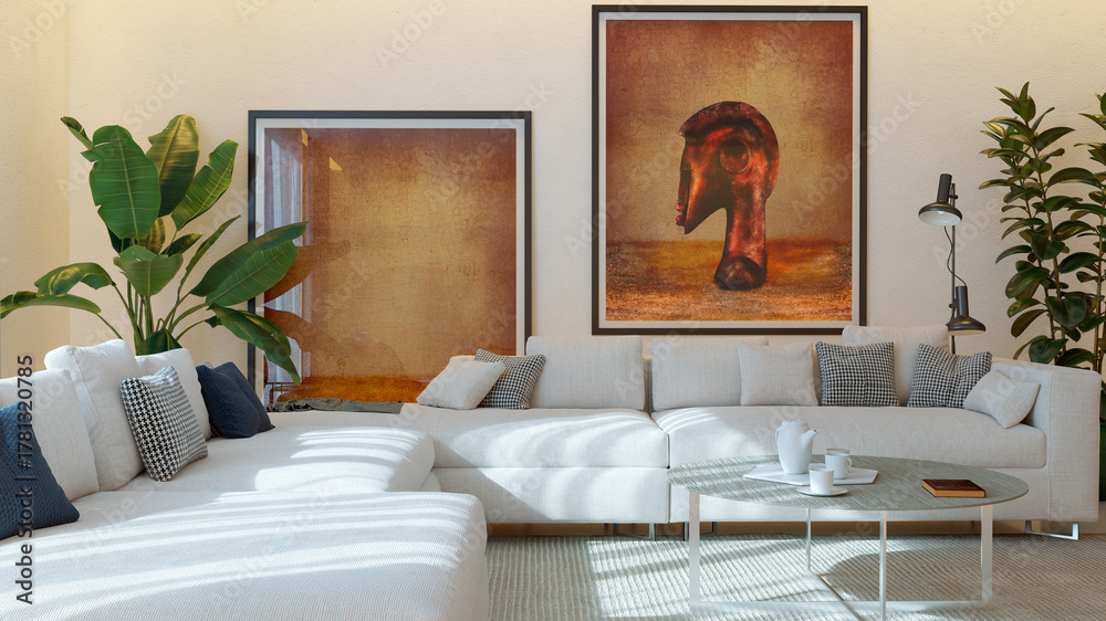 Obraz premium Large luxury modern bright interiors Living room mockup illustration 3D rendering image