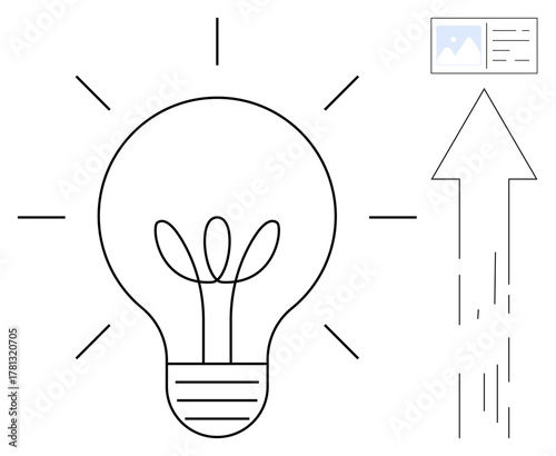 Light bulb design with plant-thumbs up growth and upward arrow suggesting innovation, growth, progress. Ideal for creativity, business growth, sustainability, ideas, success, strategy inspiration