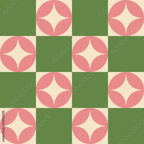 Geometric seamless pattern with pink floral circles on a green and cream grid, creating a balanced, modern, and nature-inspired design.