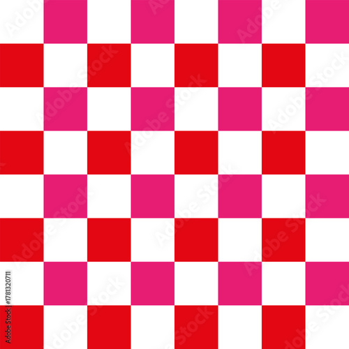 Bold red, pink, and white checkered pattern, creating a vibrant, retro, and eye-catching geometric background design.