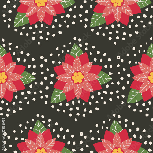 Festive black seamless pattern with vibrant red poinsettia flowers, green leaves, yellow centers, and scattered white polka dots, evoking a joyful Christmas atmosphere.