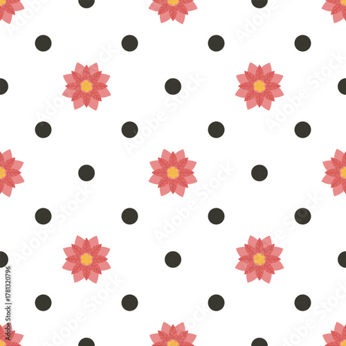 Playful white seamless pattern with pink poinsettia flowers, yellow centers, and scattered black polka dots, creating a cheerful and festive design.