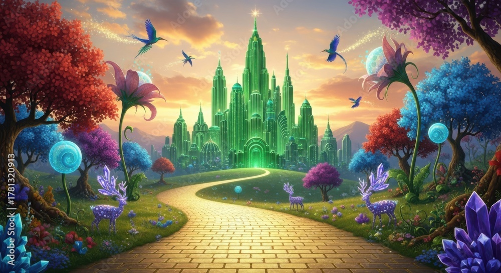 Obraz premium Emerald city fantasy landscape with vibrant trees and magical creatures