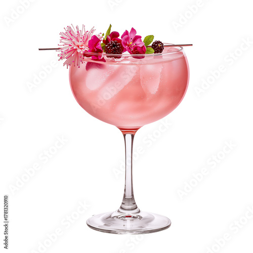 Elegant Pink Cocktail Garnished With Flowers and Berries on a Clear Background
