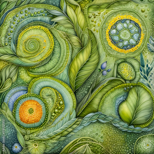 Interwoven plant cells, pollen, and algae forming a rich biological meadow, detailed with repeating organic shapes and fine textures.