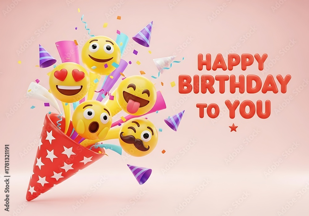 Fototapeta premium Explosion of happy birthday emojis and party elements bursting from a confetti cone isolated on white background
