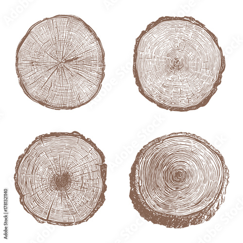 Set of three detailed tree ring patterns with brown wood grain texture for nature-inspired design, eco-friendly art, and rustic decor projects