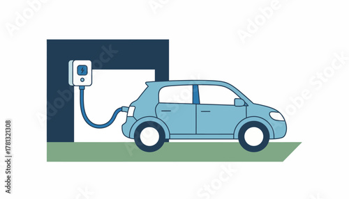 A home charging setup in a driveway featuring a wallmounted charger attached to a garage with an electric vehicle plugged in.