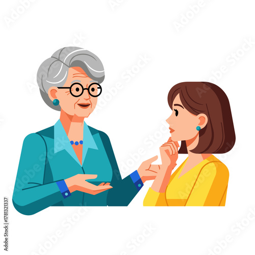 Senior woman sharing advice with younger woman in colorful attire  