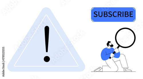 Exclamation inside a blue triangle, a figure analyzing with a magnifying glass, and a Subscribe button. Ideal for warning, analysis, subscription, caution, discovery research marketing. Simple flat