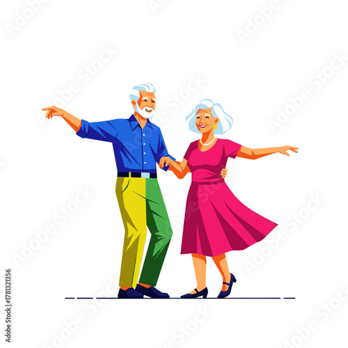 Senior couple dancing joyfully together in vibrant clothing  