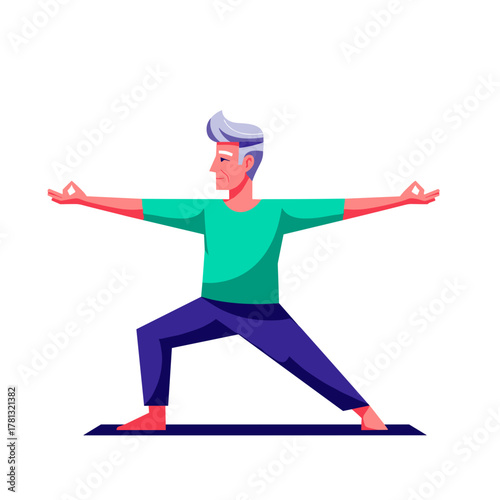 Senior man practicing yoga in a warrior pose on a mat  