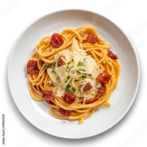 Delicious Spaghetti With Sun-Dried Tomatoes and Cheese Served in a White Bowl